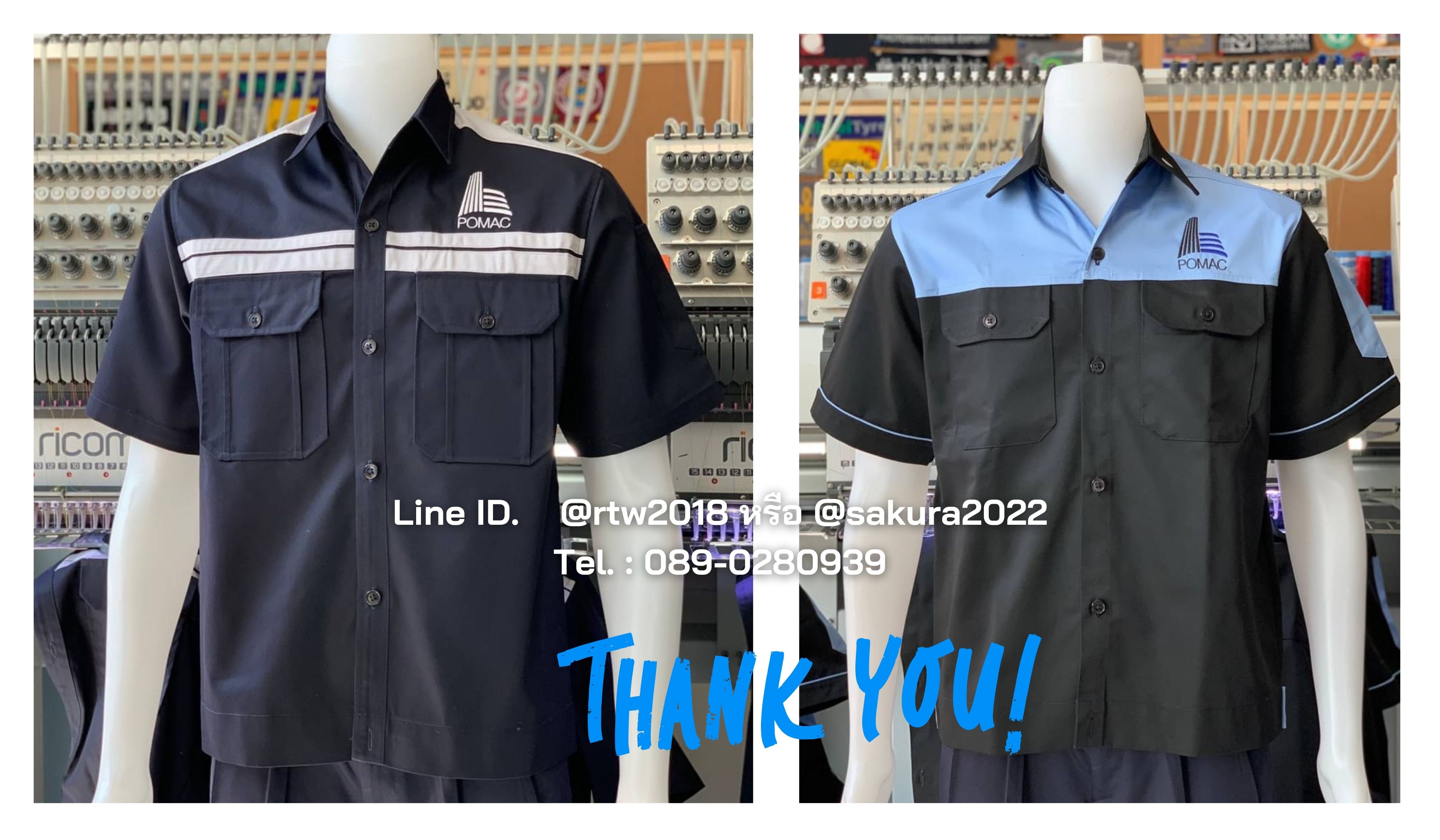 รหัส A19.3 : เสื้อช่างแขนสั้นผ้าคอมทวิวสีกรมท่าคาดอกเทาคู่