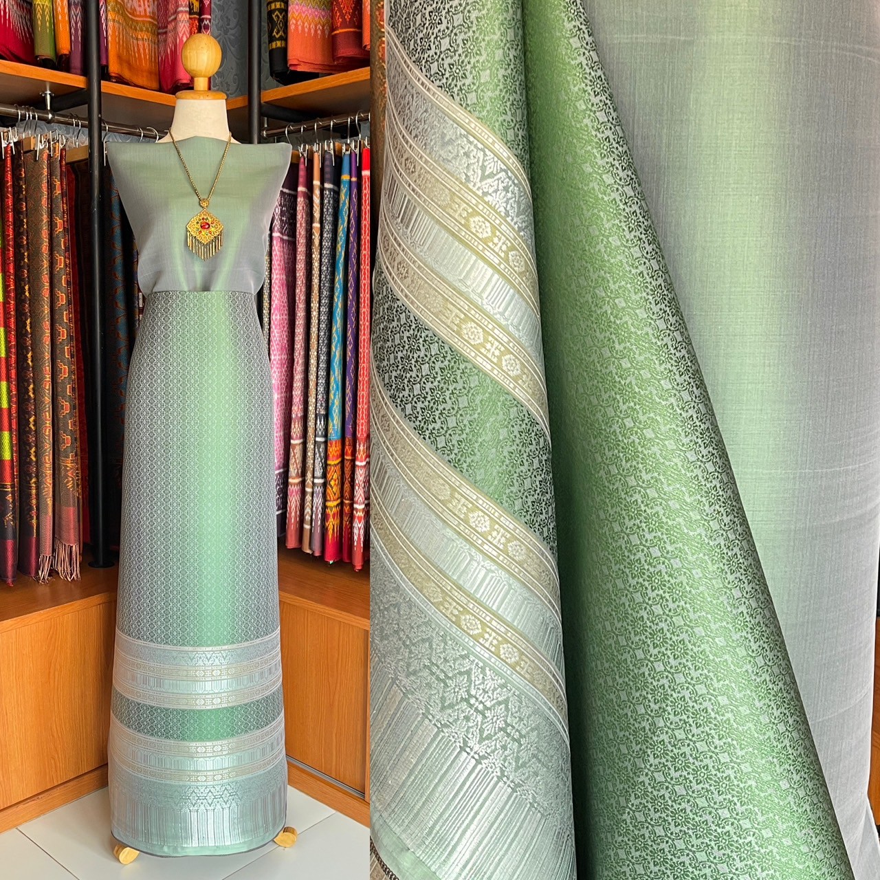 (ผ้าชุด) ผ้ายกใหญ่สุรินทร์ (สีพื้น 2เมตร+ลาย 2.4เมตร) พื้นสีเขียวรหัส N90-MD-08186813