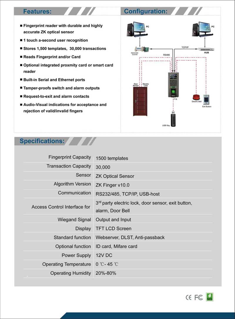 เครื่องสแกนลายนิ้วมือเปิดประตู ZKT F18 ราคาถูกพร้อมชุดแม่เหล็กไฟฟ้าควบคุมประตู