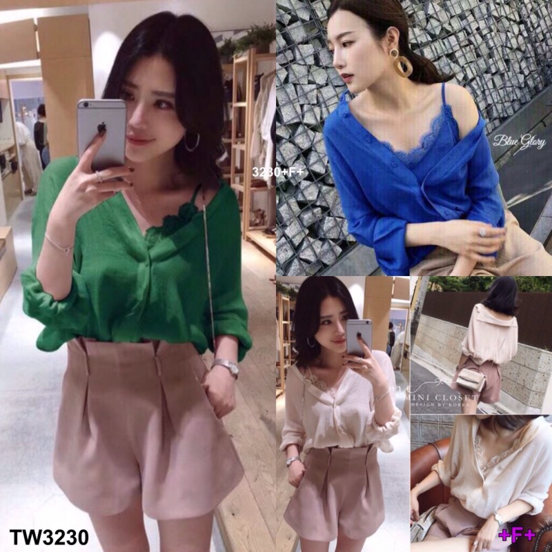 Set 3ชิ้น เชิ้ตแขนยาว+สายเดี่ยวขอบลูกไม้ กับกางเกงเอวสูงจีบหน้า TW3230