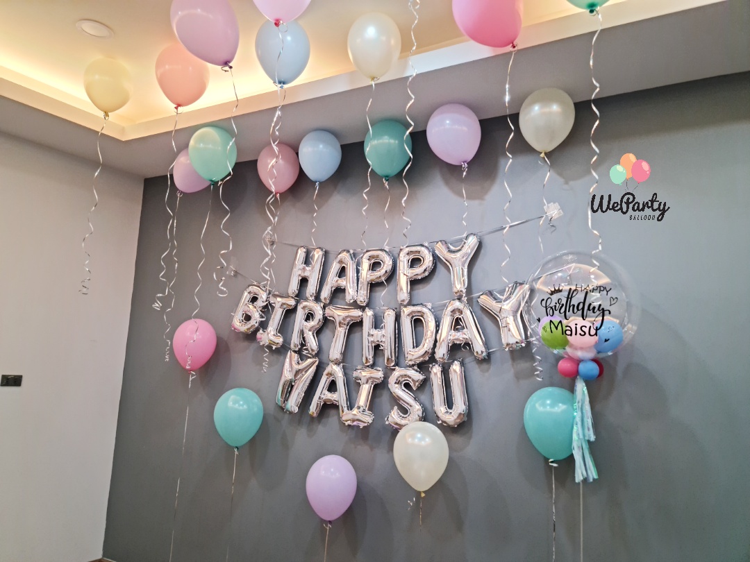 ลูกโป่งวันเกิด ลอย20ลูก+บับเบิ้ล1ลูก+HAPPY BIRTHDAY ฟรอยด์1ชุด(ชื่อตัวอักษรลูกโป่งเพิ่มตัวละ 40.-)(ติดข้อความได้ไม่เกิน2บรรทัดบนบับเบิ้ลใส)(with Helium)(34pcs)(สนใจสั่งซื้อผ่าน Line: @weparty)