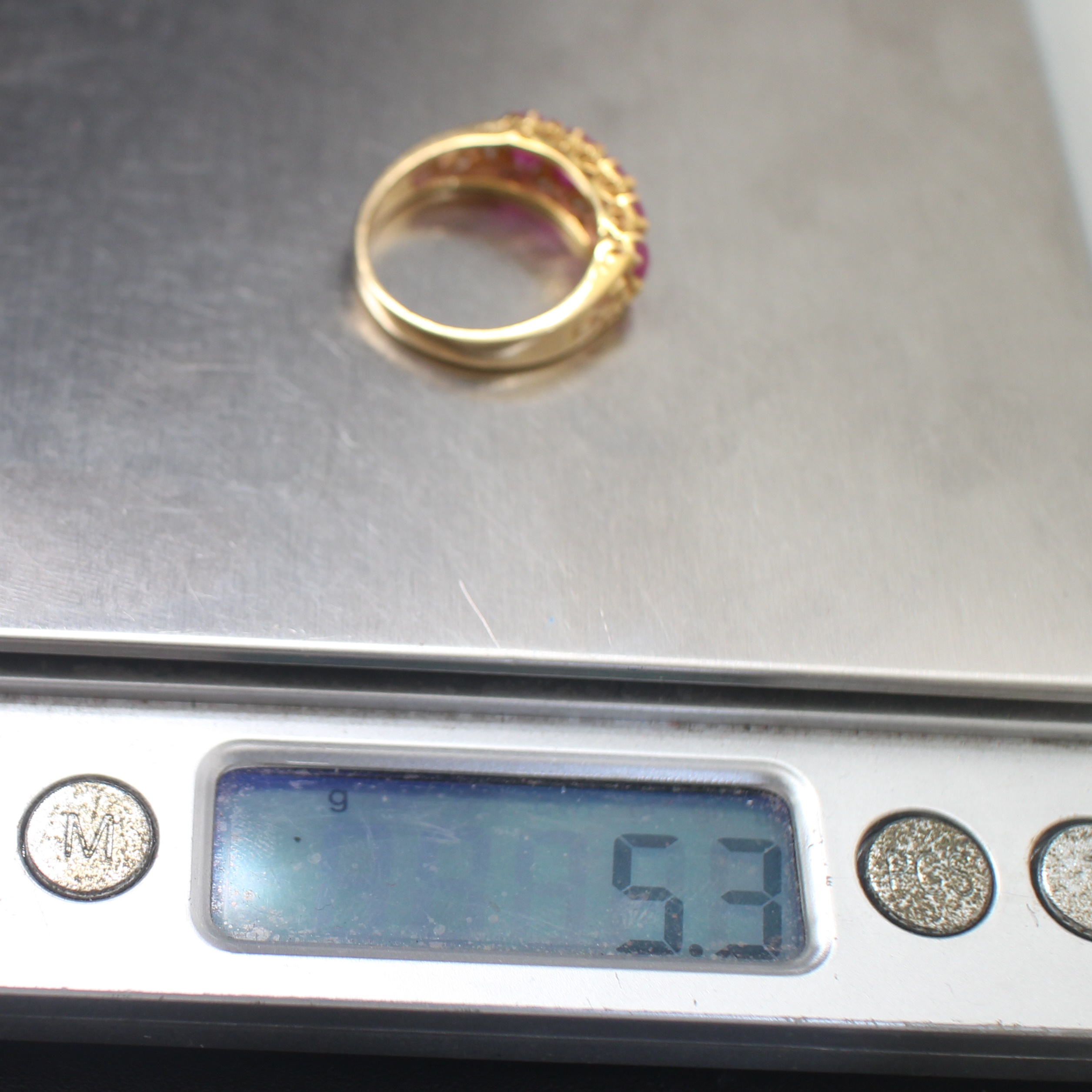 RG250231 แหวนทับทิมหลังเบี้ยแถว 5 เม็ด ทองแท้ 90% นน.รวม 5.3 กรัม ขนาดแหวน 57