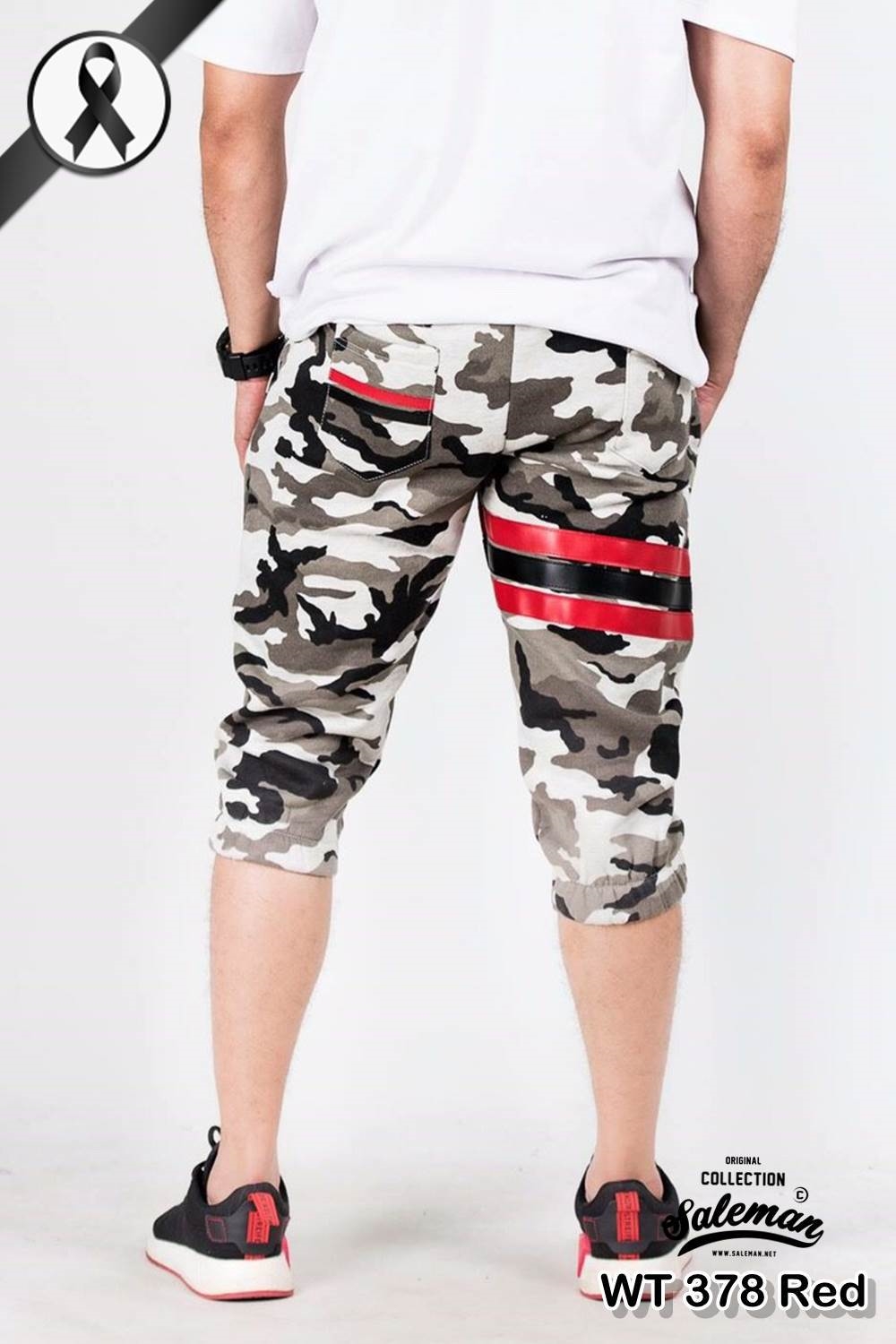 กางเกง Jogger ขาจั๊ม สามส่วน ผ้าวอร์ม WT378 ฺฺRed ลายทหาร แถบ แดง