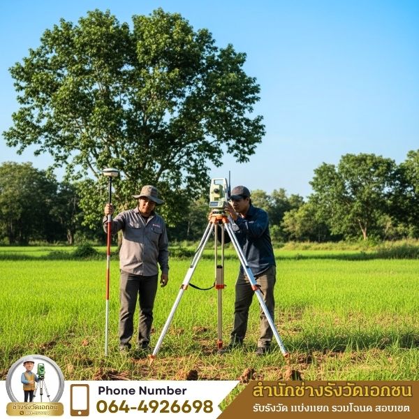 ช่างรังวัดตั้งกล้องสำรวจในพื้นที่