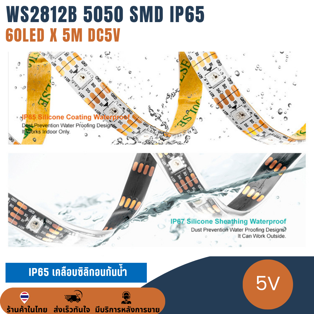 ไฟพิกเซล ไฟเส้น แถบริบบิ้นไฟ ไฟกระพริบ 5V WS2812B 5050 SMD IP65 60LED/M ยาว 5M LED Pixel Strip Light Ribbon RGB Full-Color