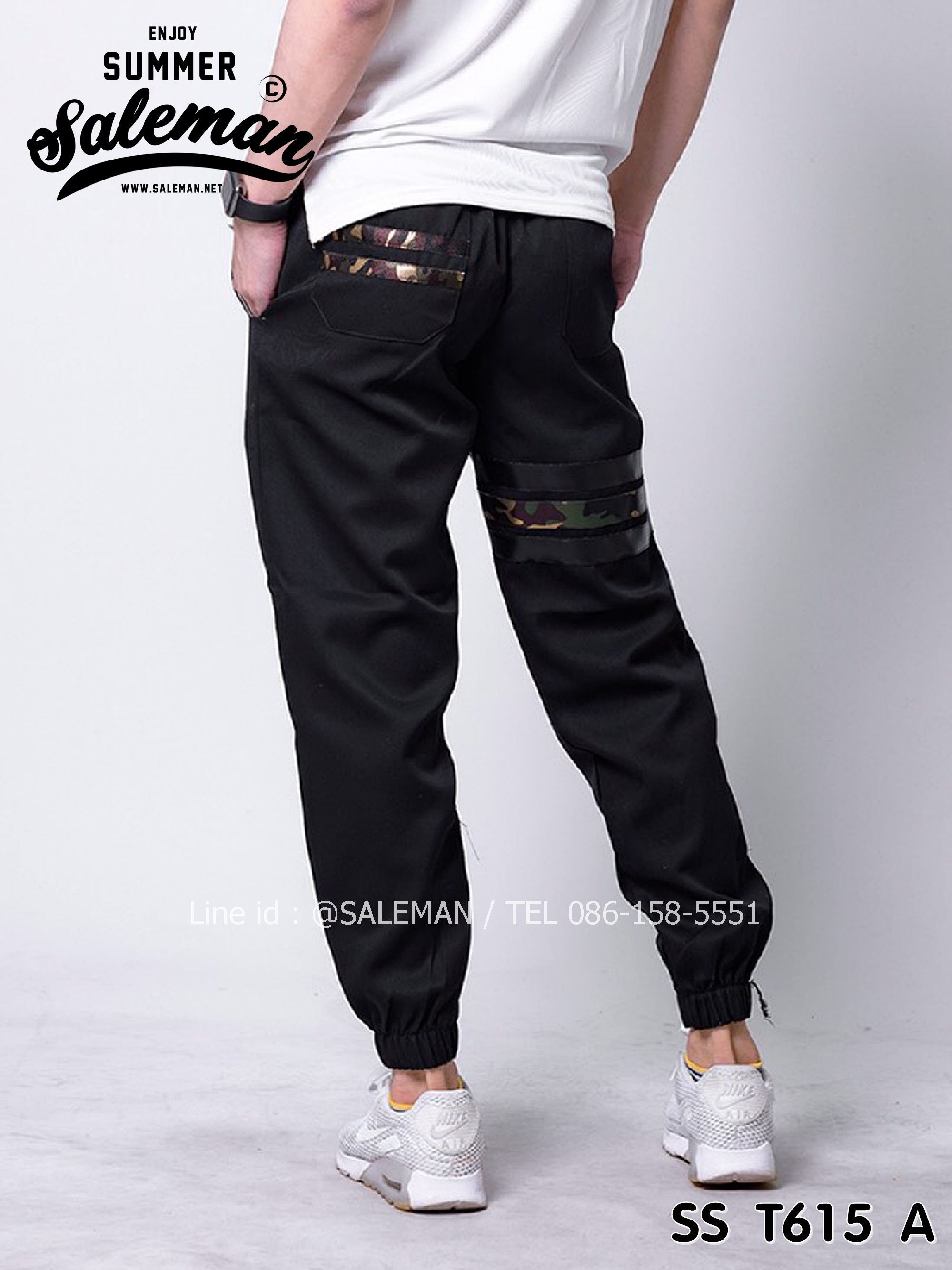 กางเกง JOGGER พรีเมี่ยม ผ้า COTTON รหัส SST 615 A สีดำ แถบทหาร SUMMER SALE