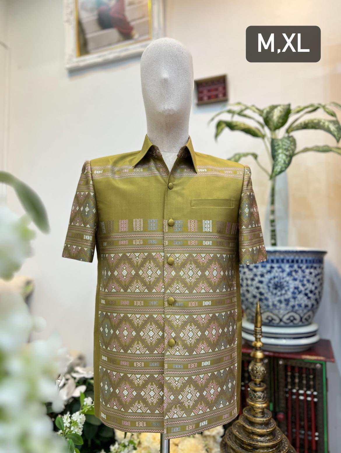 เสื้อสูทไหมแพรวา ลายเกาะ แขนสั้น พื้นสีเขียวอมเหลือง เลือกไซส์ รหัส DR-BM-11026613264