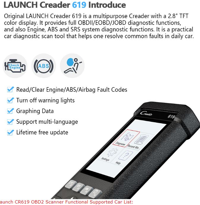 Launch OBD2 Automotive Scanner CR619 Engine ABS SRS O2 Sensor Monitoring Creader Tool ODB2 Auto Scanner OBD Car Diagnostic Tool