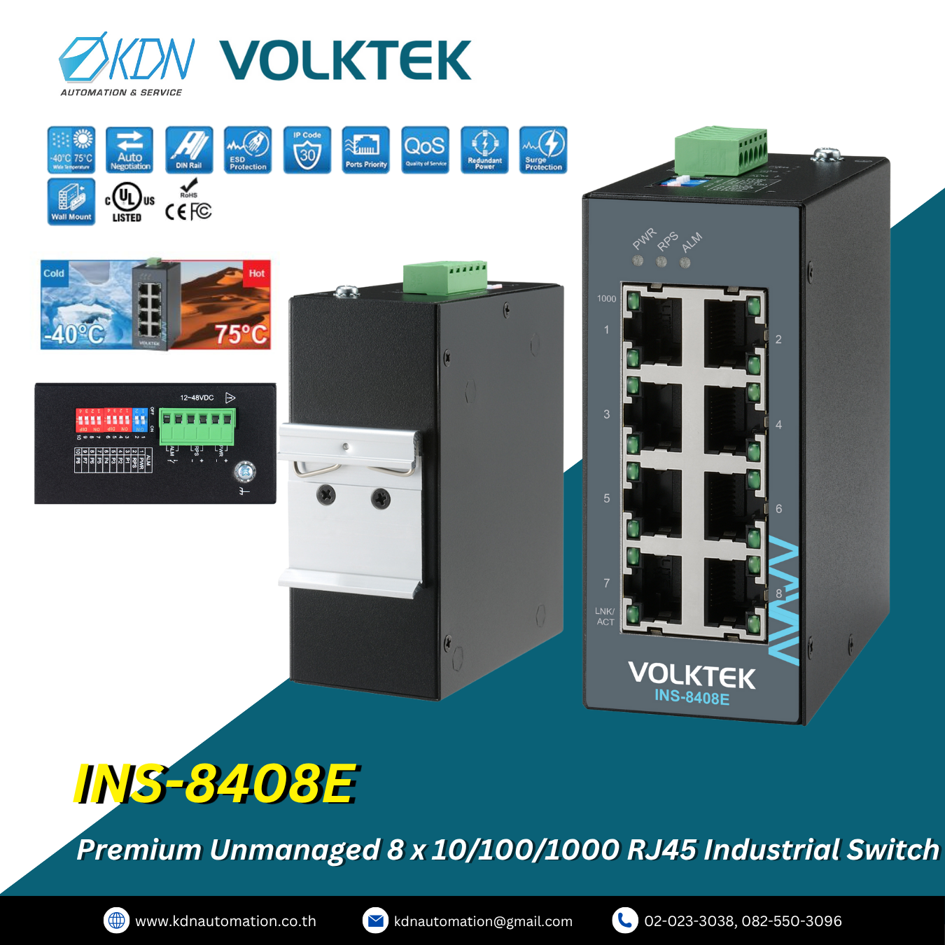 INS-8408E Volktek Premium Unmanaged 8 x 10/100/1000 RJ45 Industrial Switch
