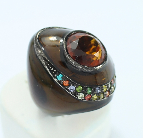 SI0092 แหวนเงินพลอยส้มลงยาสีน้ำตาล เงินแท้ นน. 15.7 กรัม Size 53