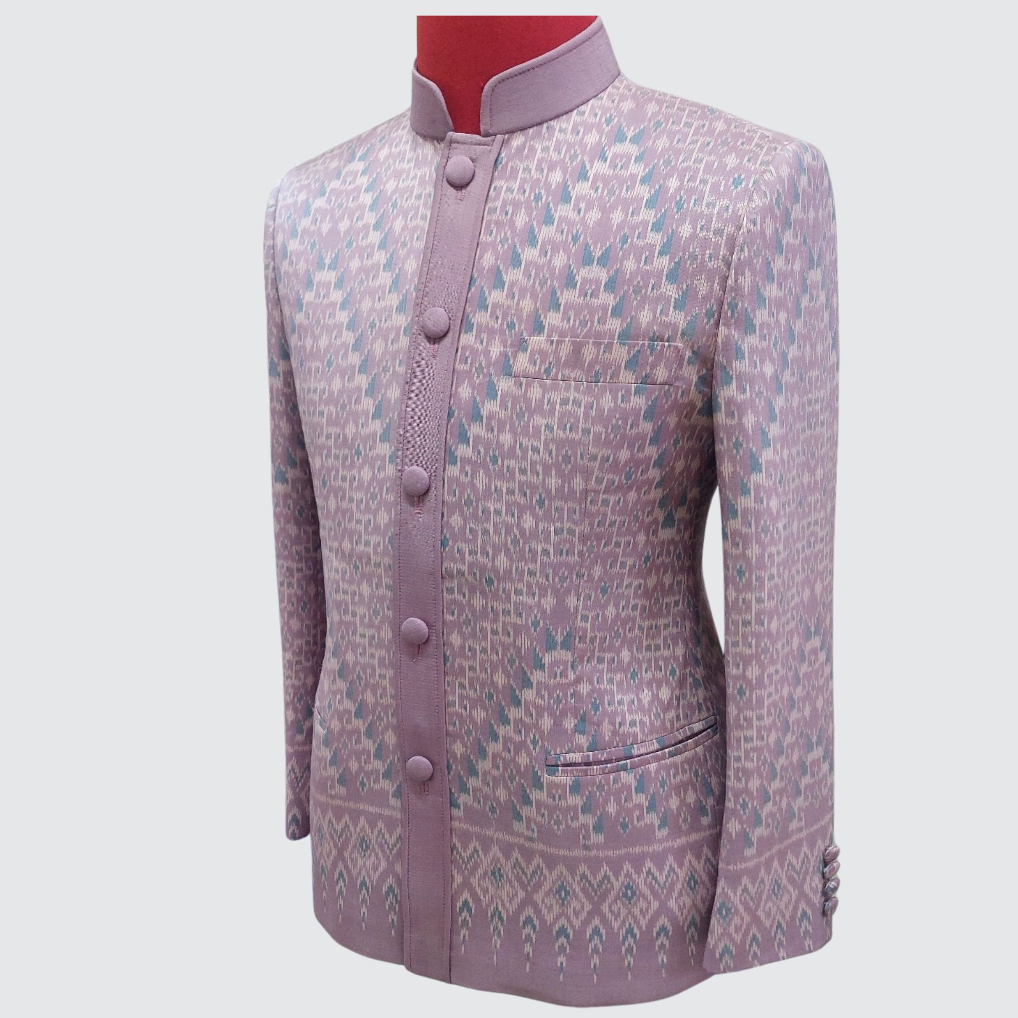 เสื้อสูทพระราชทาน แขนยาว ไหมมัดหมี่ 2ตะกอ | ตัดเย็บตามรูปร่าง | เลือกสีผ้า ส่งไซส์ได้