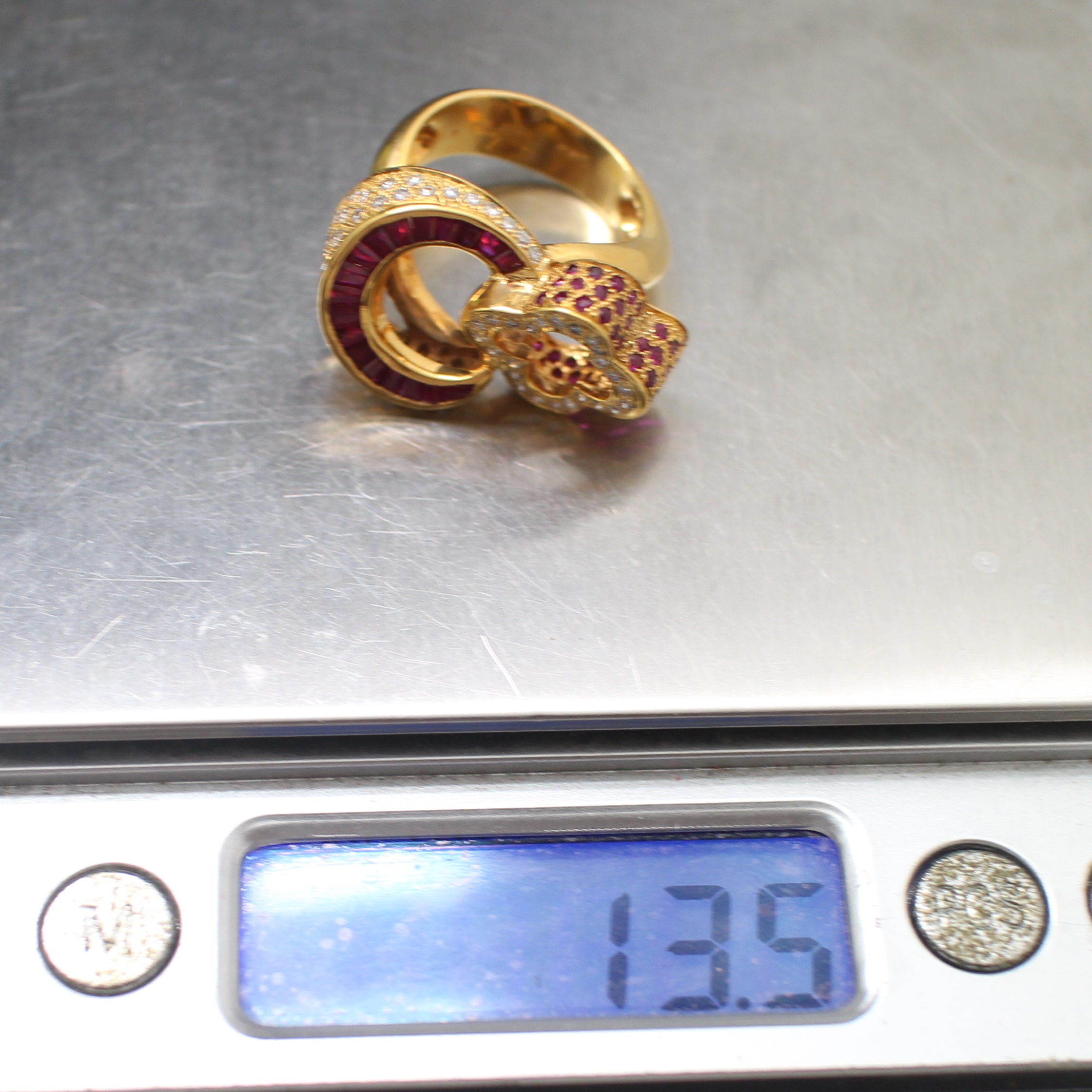 RG250202 แหวนดอกไม้ทับทิมตังซี เพชรแท้ 0.60 กะรัต ทองแท้ 90% นน.รวม 13.5 กรัม ขนาดแหวน 56