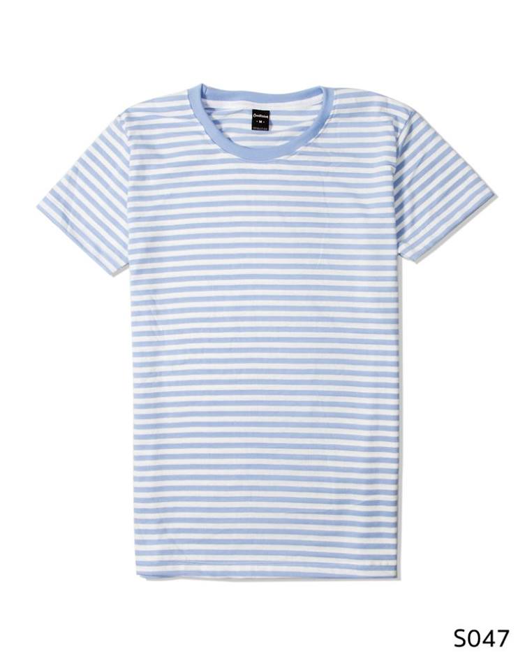 เสื้อยืดคอกลมลายทาง S047 (สีขาวฟ้าเล็ก)