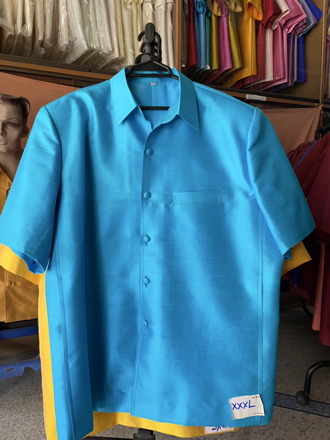 เสื้อซาฟารี คอปก เนื้อไหมบ้าน ไซส์ 3XL สีฟ้า รหัส DT-0227682