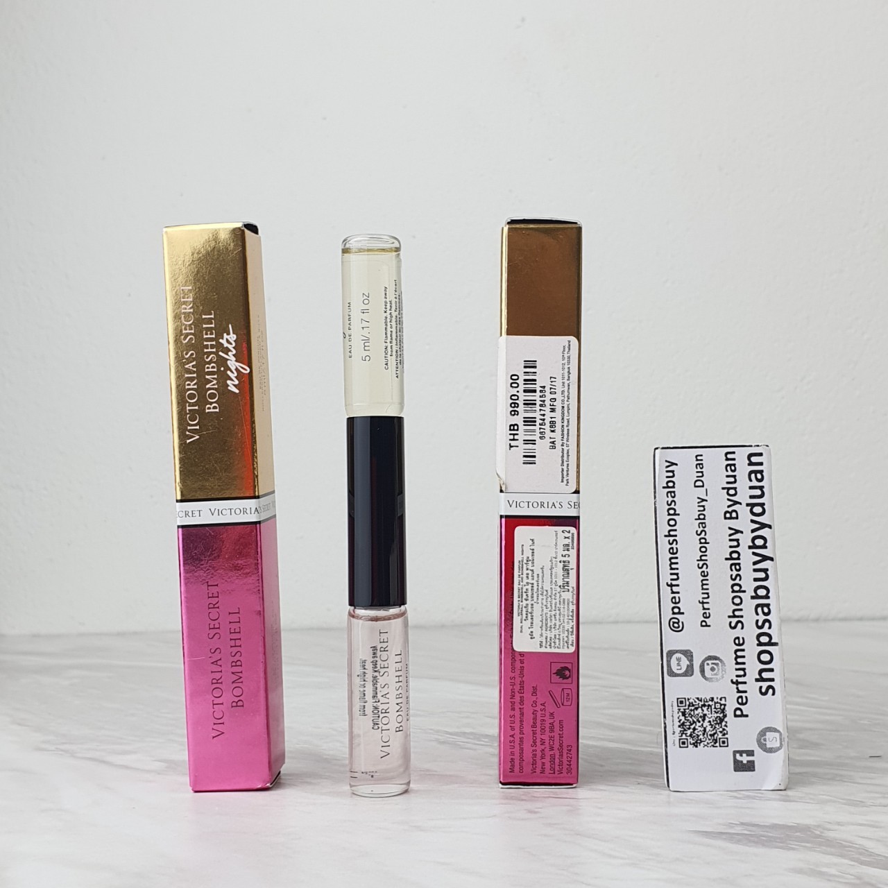 น้ำหอมจิ๋วมินิ Victoria's Secret Bombshells 5ml+ Bombshells night 5ml แบบลูกกลิ้งรวม10ml พกพาหัวลูกกลิ้งกล่องซีล เก่าเก็บขายถูก ผลิต 07/17
