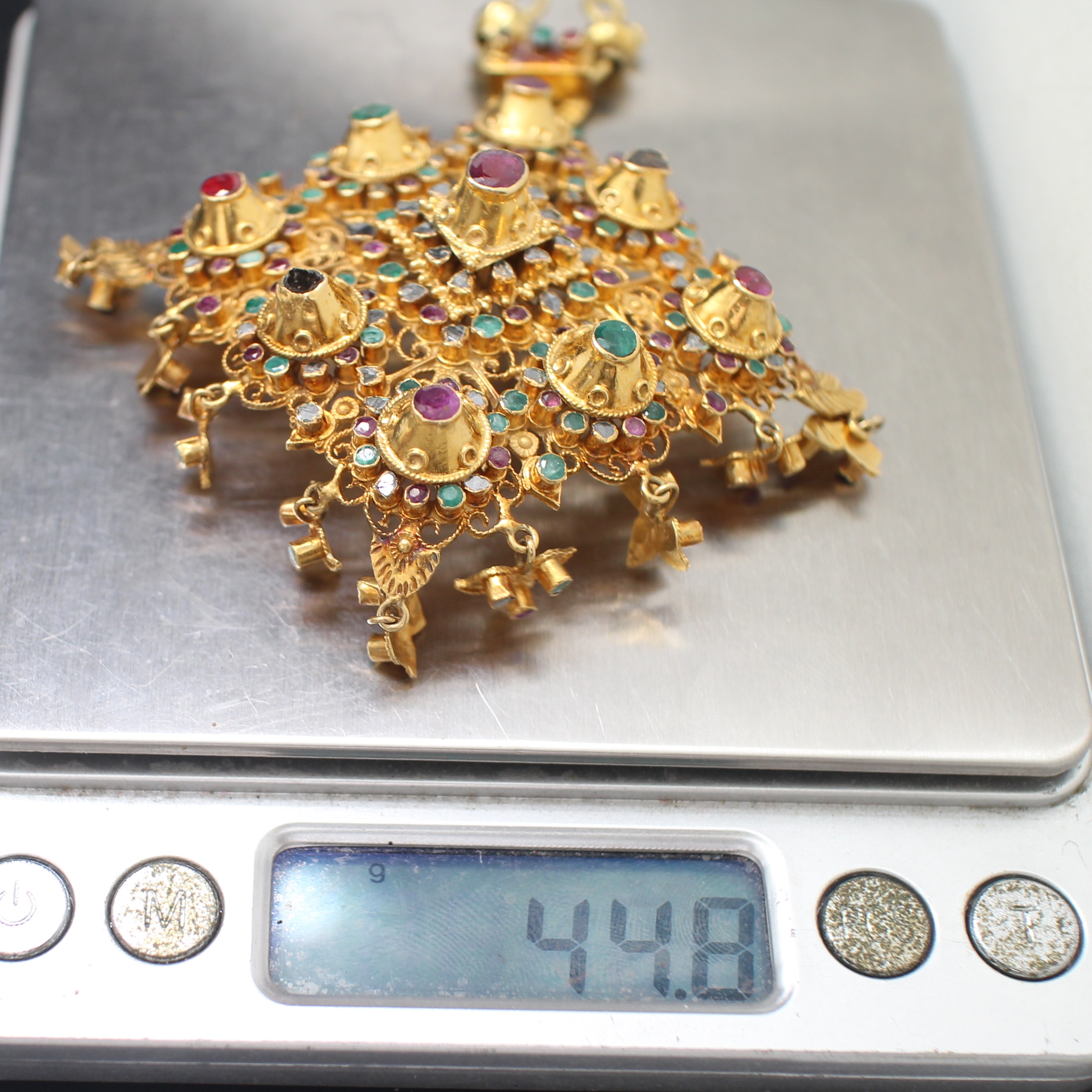 PD25133 จี้อุบะสามสี 9 ยอด ตุ้งติ้ง เพชรซีก ทับทิม มรกต ทองแท้ 90% นน.รวม 44.8 กรัม