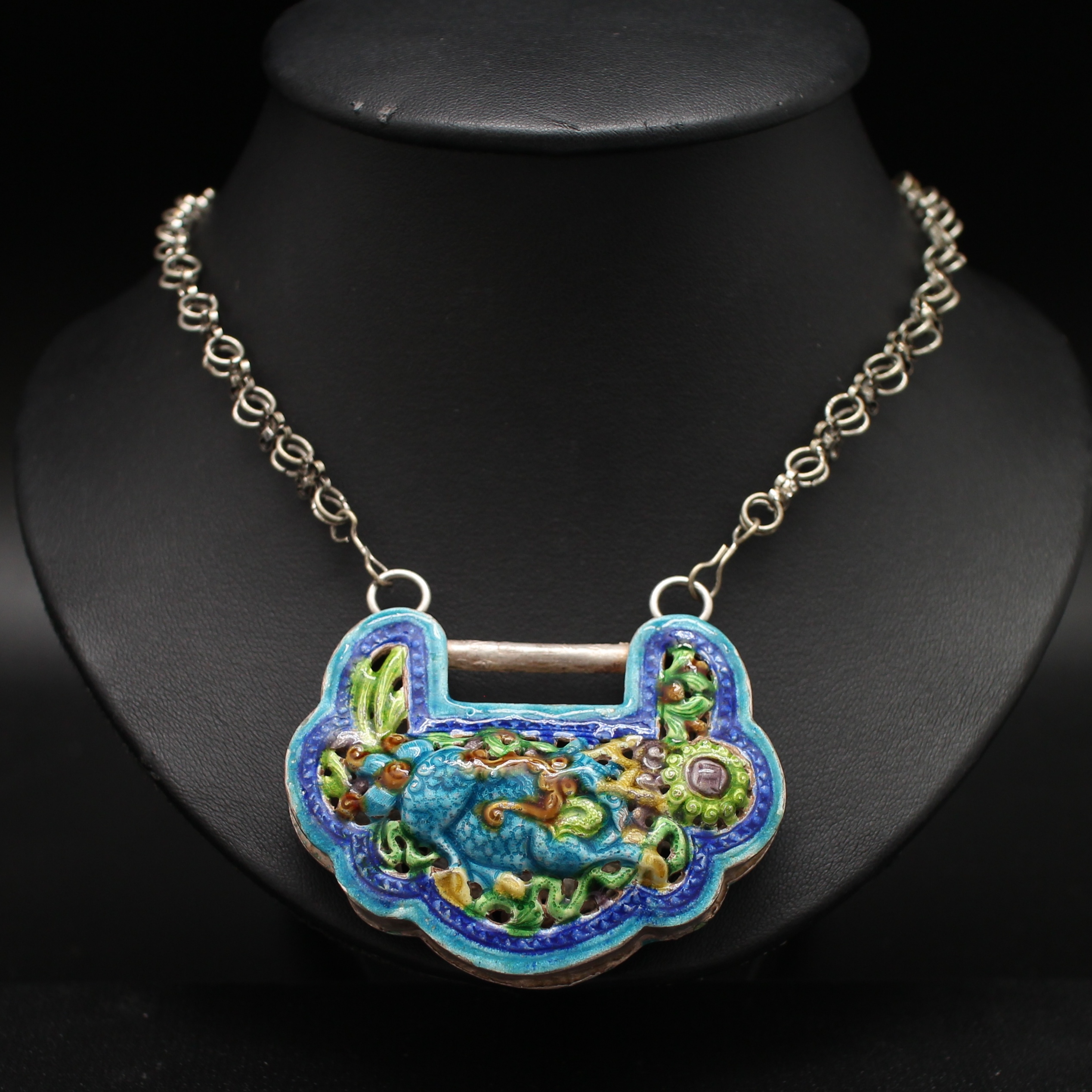 SI329 สร้อยคอ+จี้ กระเป๋าลงยางานเซียงไฮ้ เงินแท้ นน. 73.84 กรัม