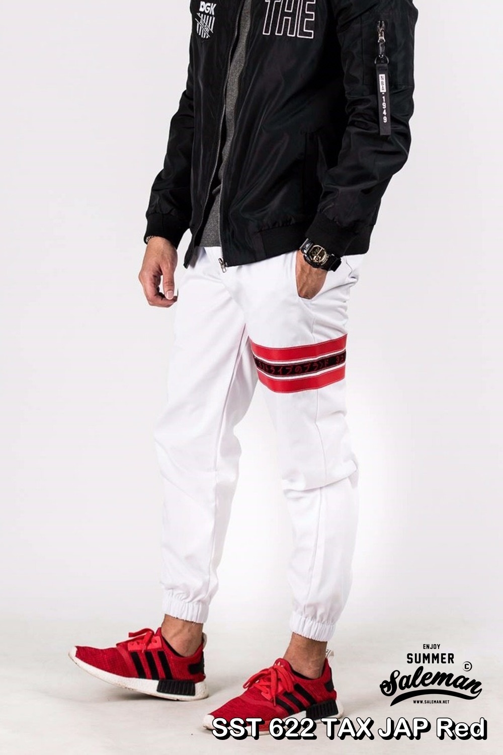 กางเกง JOGGER พรีเมี่ยม ผ้า COTTON รหัส SST 622 TAX JAP Red สีขาว แถบแดง