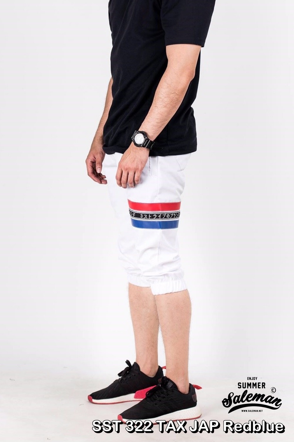 กางเกงสามส่วน พรีเมี่ยม ผ้า COTTON รหัส SST 322 TAX JAP RedBlue สีขาว แถบแดงน้ำเงิน