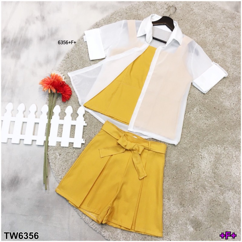 Set 3 ชิ้น เสื้อชีฟอง+สายเดี่ยว+กางเกง TW6356-เหลือง