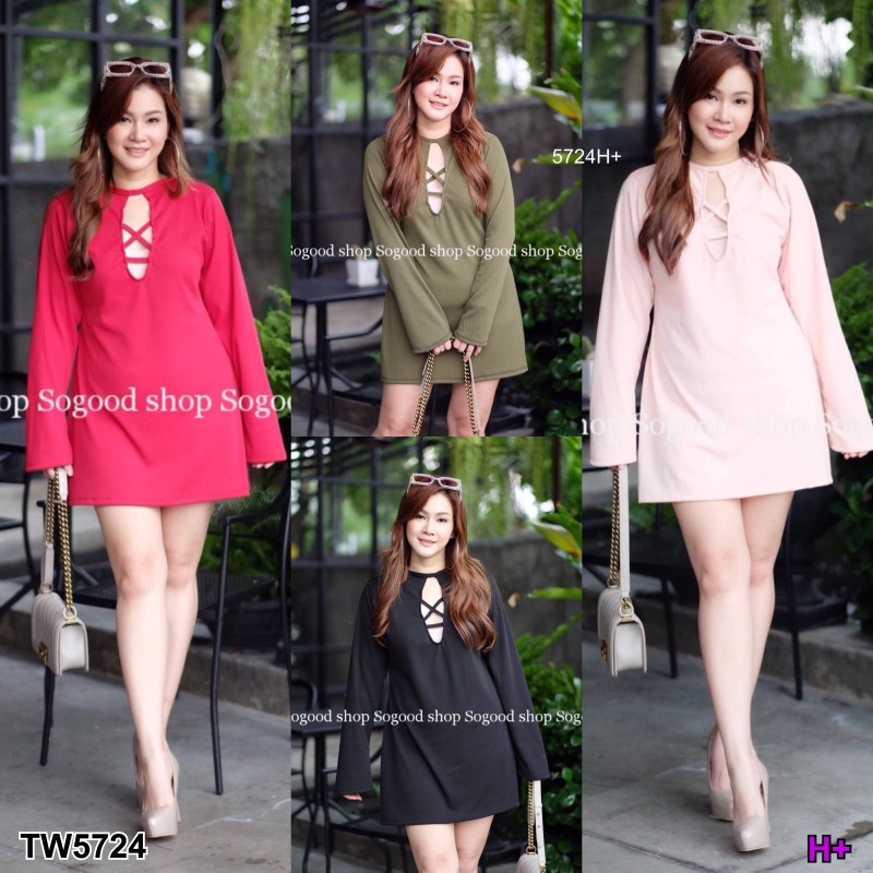 ดรสสั้นแขนยาว #สาวอวบ คอแต่งสายไคว้ TW5724
