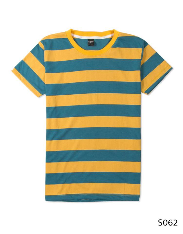 เสื้อยืดคอกลมลายทาง S062 (สีเขียวเหลือง รักบี้)