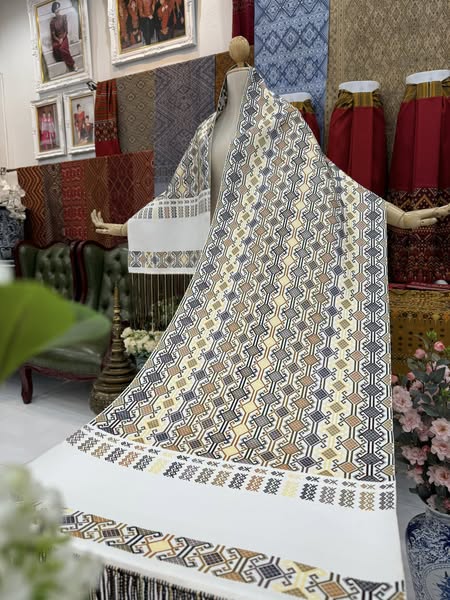 ผ้าคลุมไหล่ ไหมแพรวา ขนาด 50x 2.60ซม. ลายก้ามปู พื้นสีขาวครีม รหัส Z-BM-081568