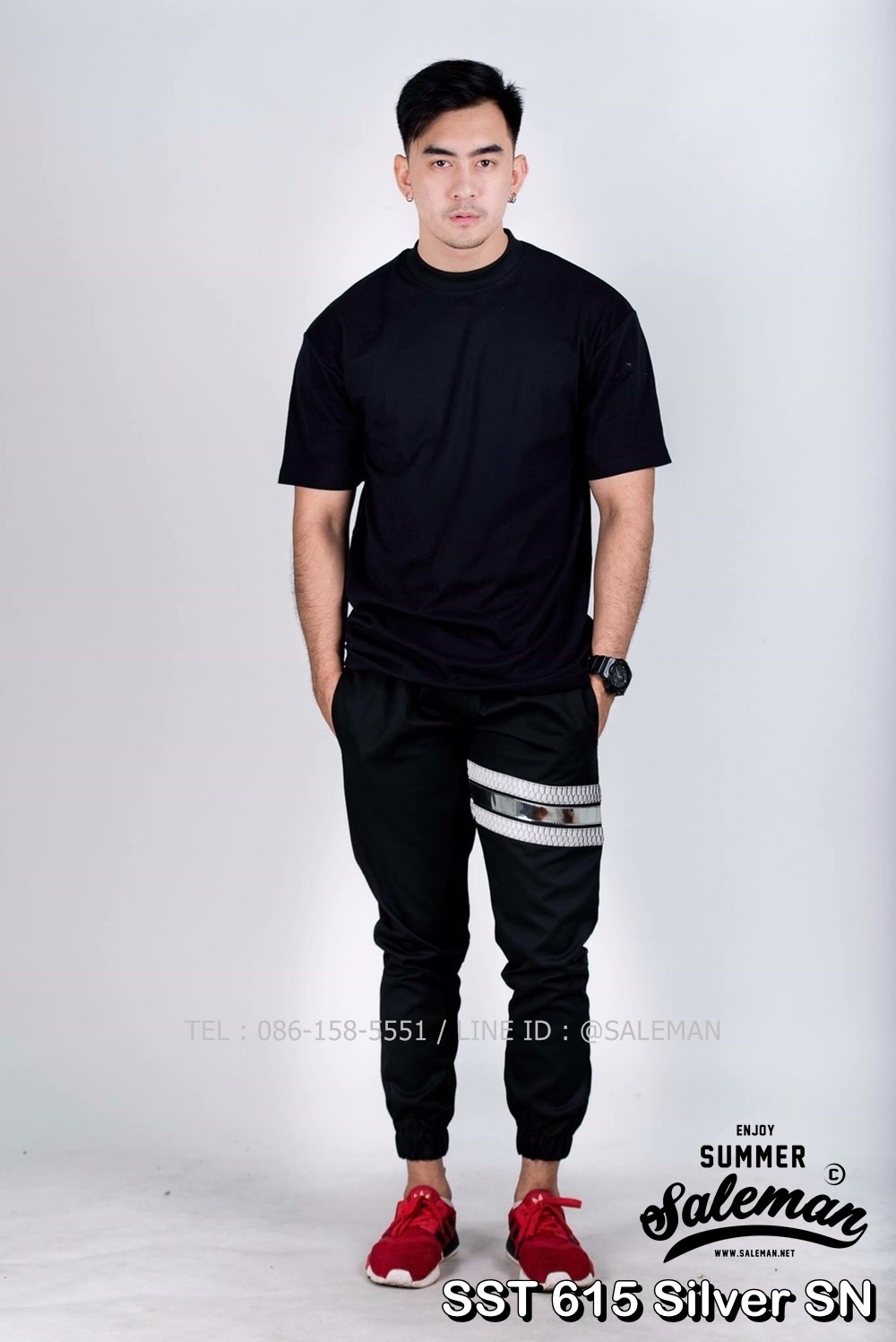 กางเกง JOGGER พรีเมี่ยม ผ้า COTTON รหัส SST 615 Silver SN สีดำ แถบงูเงิน
