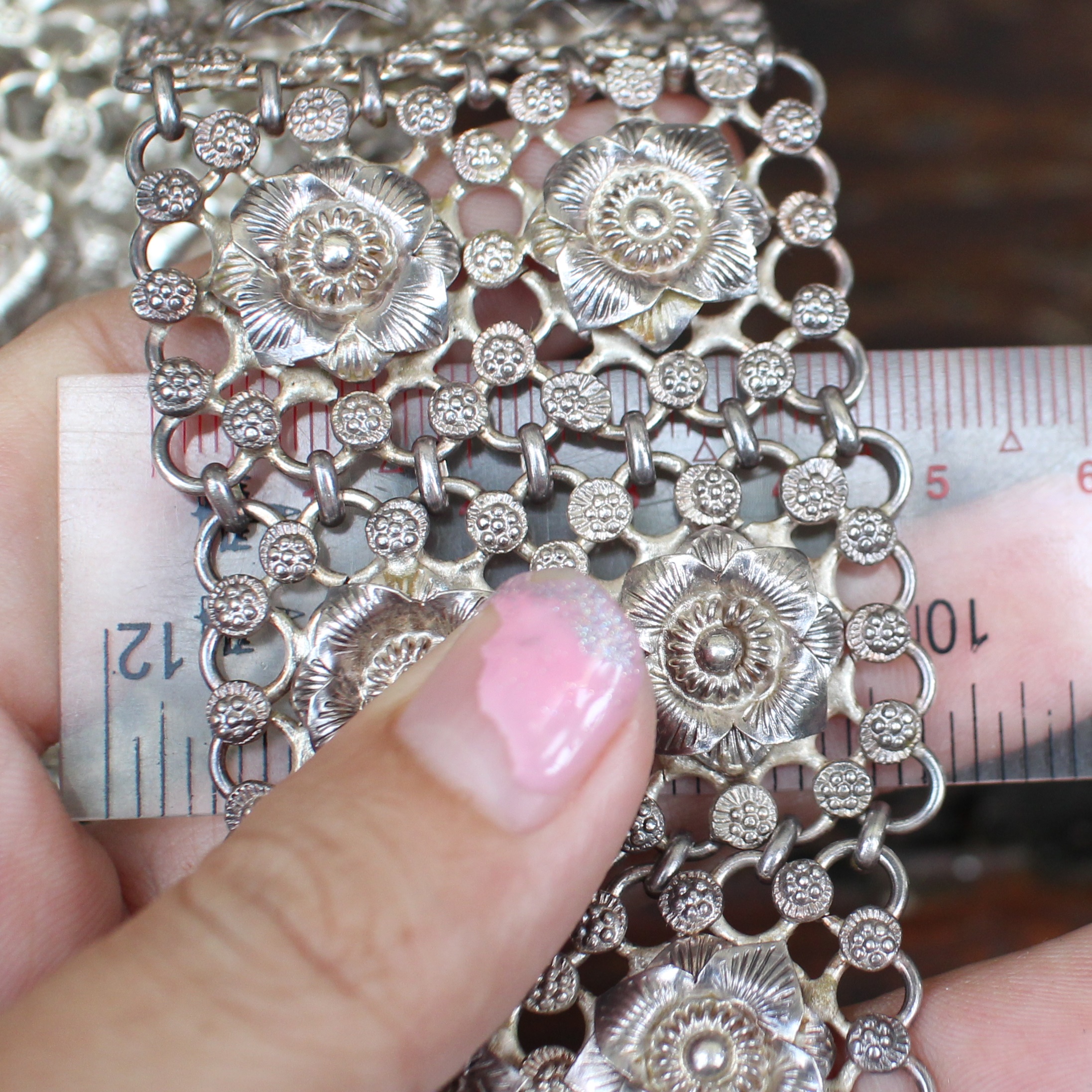 SI344 เข็มขัดเงินหัวดุลลายดอกไม้ เงินแท้ 92.5% นน. 460 กรัม ยาว 35 นิ้ว