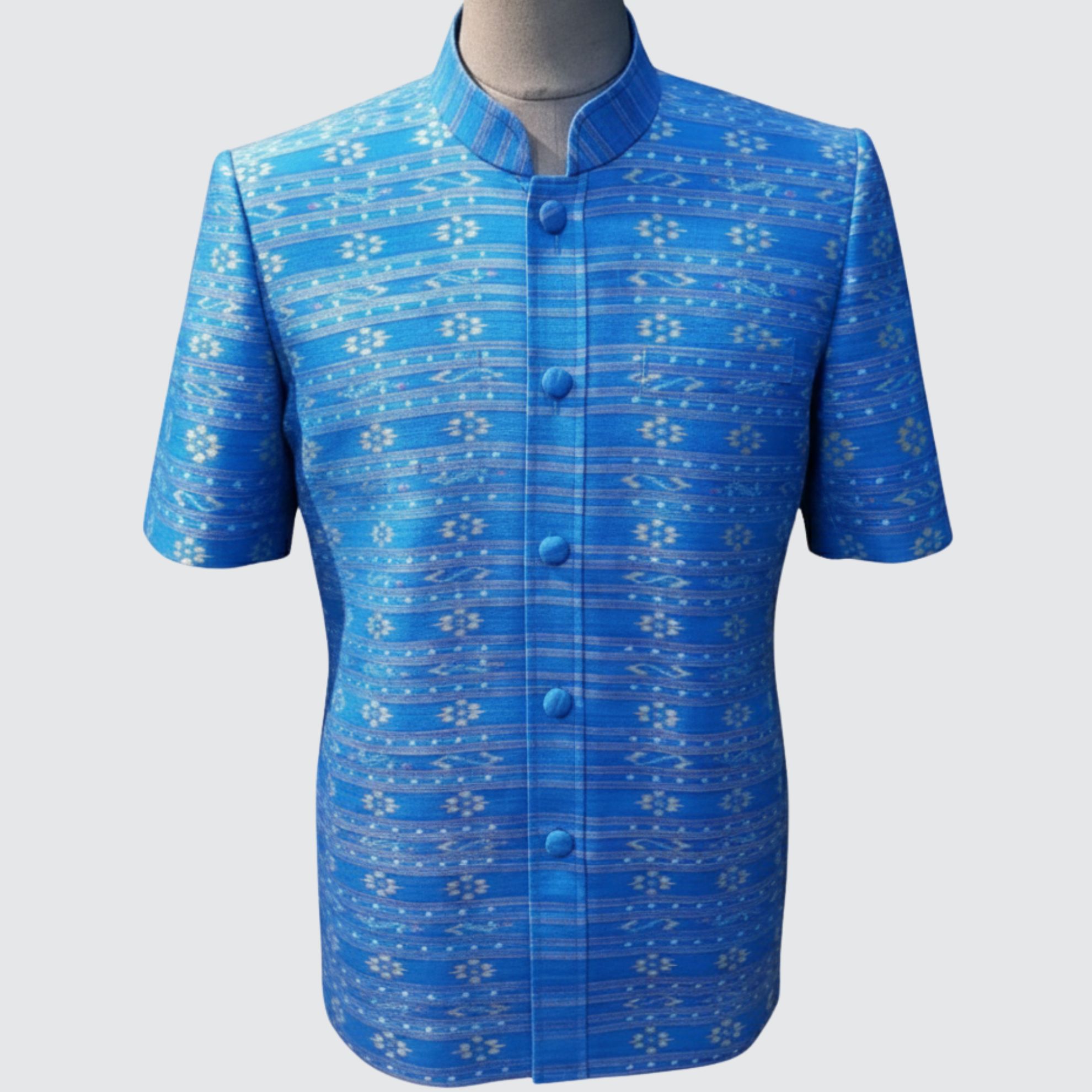 เสื้อสูทพระราชทาน แขนสั้น ไหมมัดหมี่ 3ตะกอ | ตัดเย็บตามรูปร่าง | เลือกสีผ้า ส่งไซส์ได้