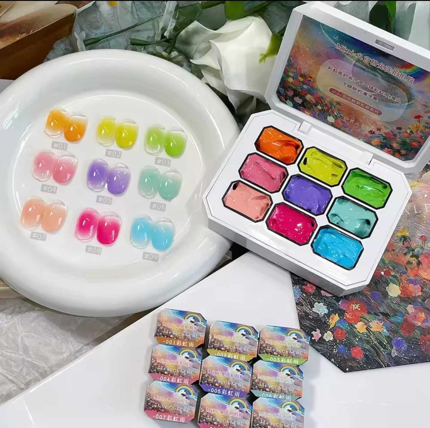 สีเจลเพ้นท์ สีเจลทำออมเบรย์ สีเจลไล่สี ใช้ทาได้ สีสดใส แบบตลับ 9สี/เซต