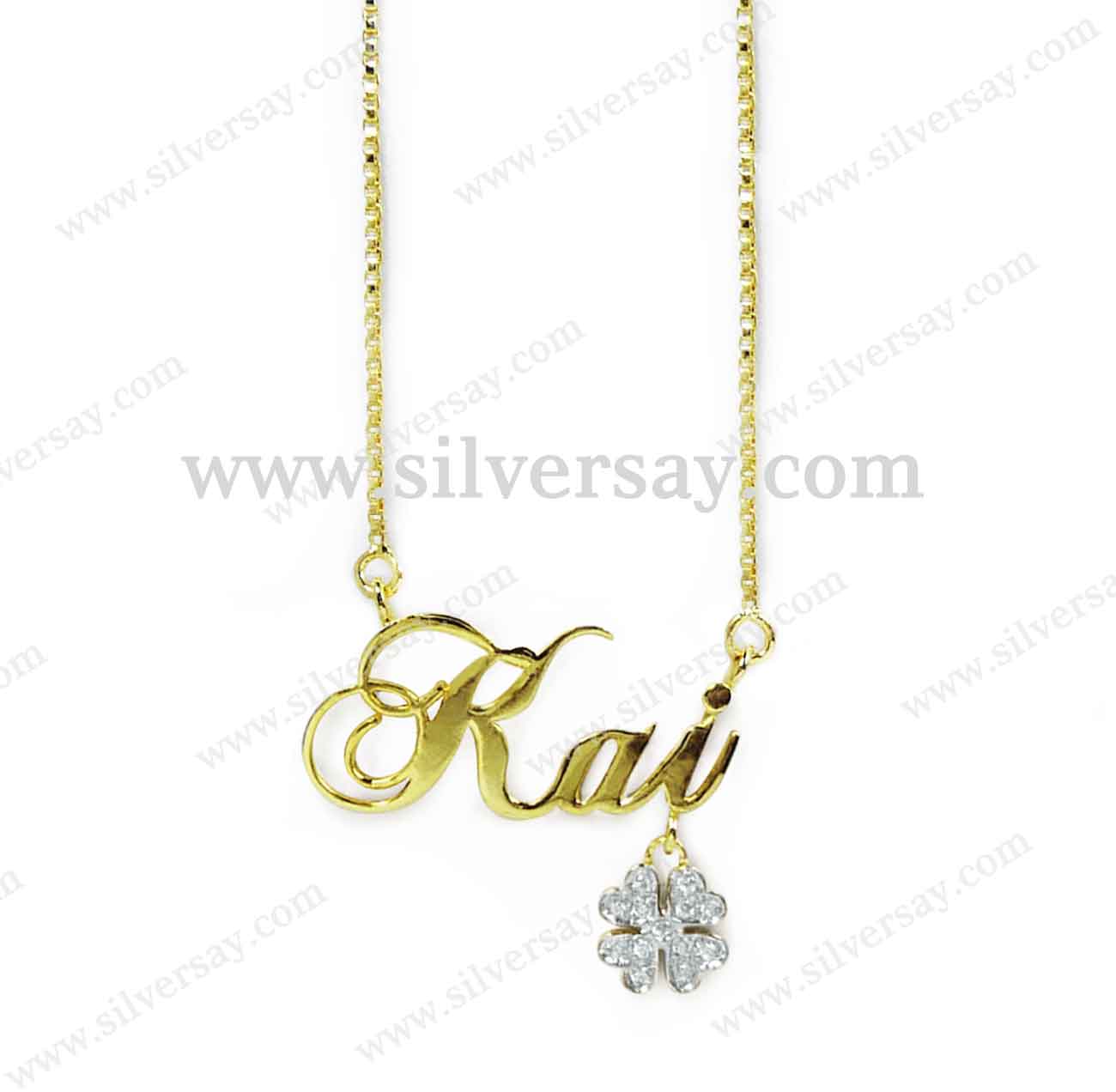สร้อยชื่อ-จี้ชื่อ "Kai" ติดใบโคเวอร์ตุ้งติ้ง Clover 4 ฝังเพชรสวิส พร้อมสร้อยคอลายอิตาลี เงินแท้ 925 ชุบทองคำ22k