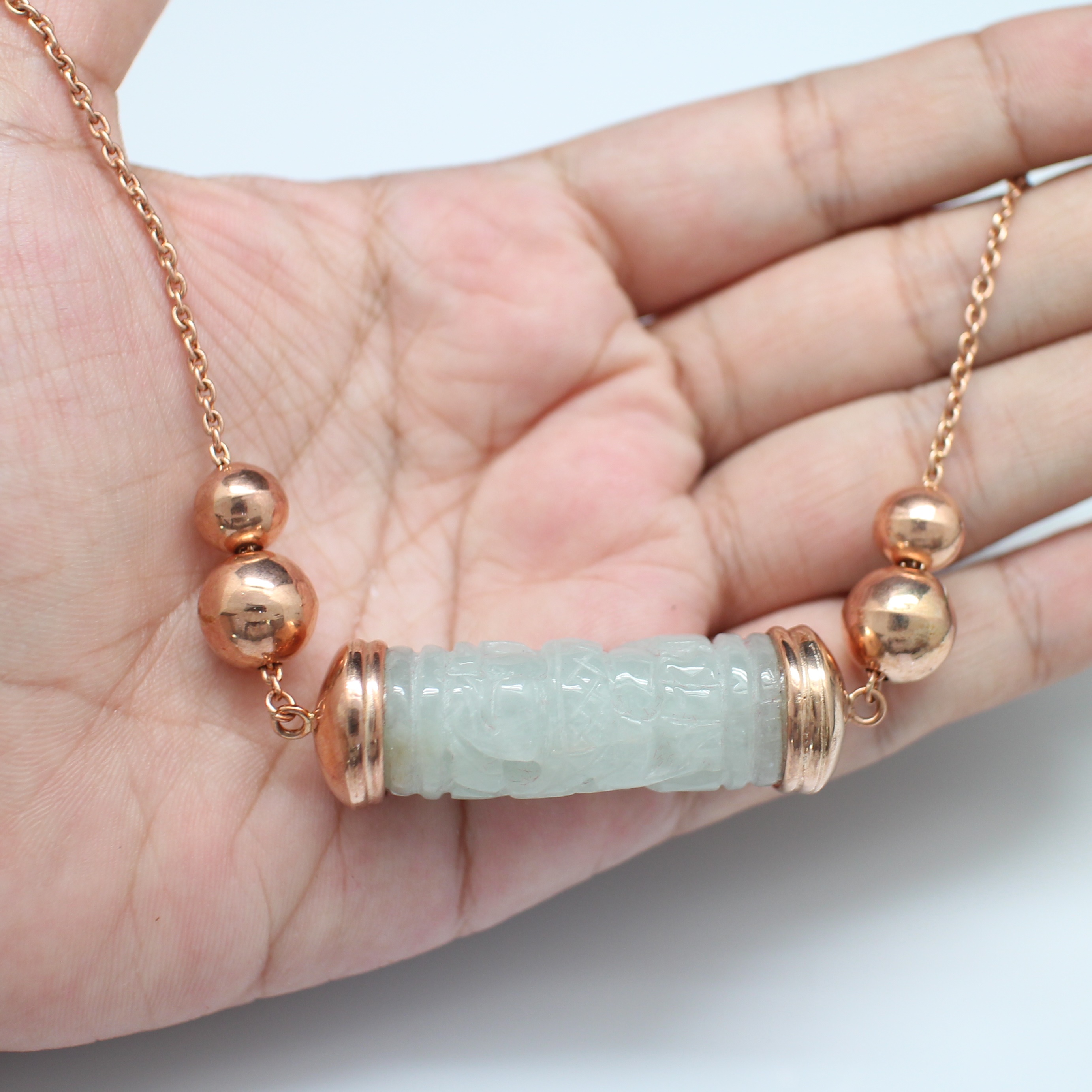 NL25016 สร้อยคอจี้หยกแกะสลัก Pinkgold 9k นน.รวม 30.5 กรัม ยาว 16 นิ้ว