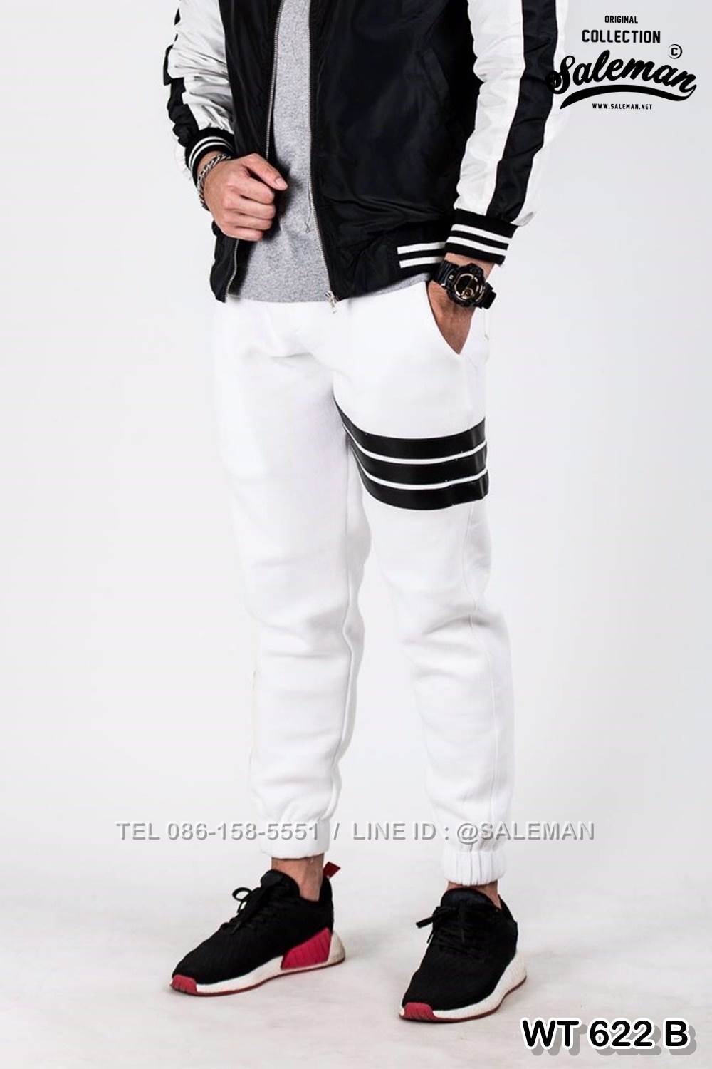 กางเกง JOGGER พรีเมี่ยม ผ้าวอร์ม รหัส WT 622 B สีขาว แถบดำ SUMMER SALE
