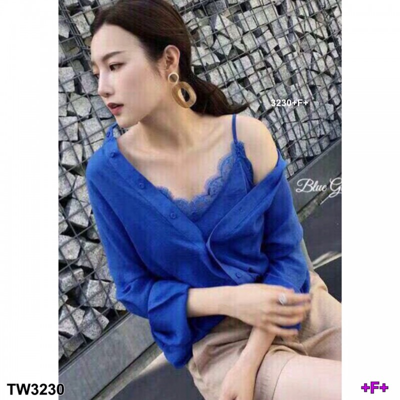 Set 3ชิ้น เชิ้ตแขนยาว+สายเดี่ยวขอบลูกไม้ กับกางเกงเอวสูงจีบหน้า TW3230