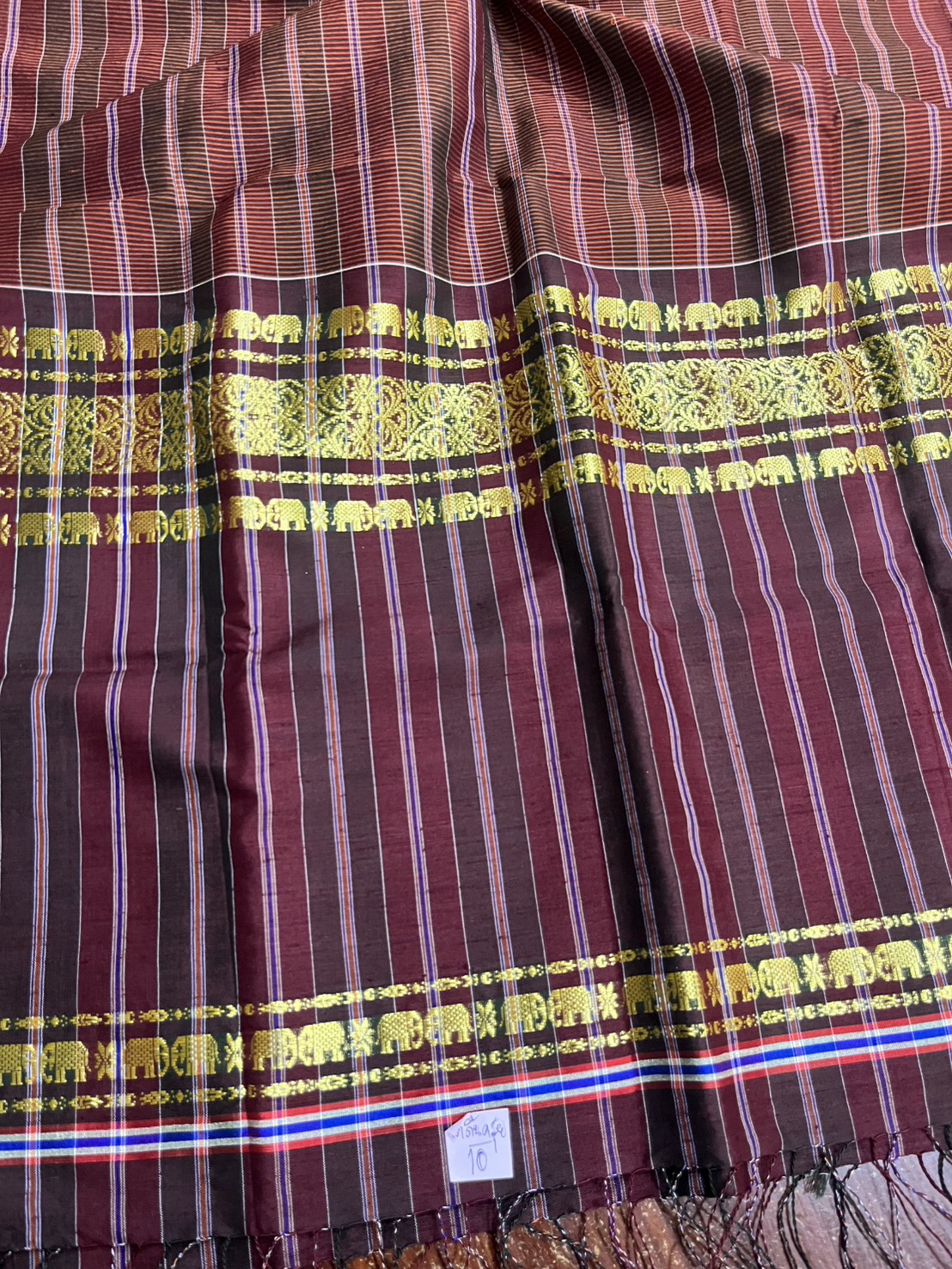 ผ้าขาวม้า ไหมแท้ ยกขิดดิ้นลายช้าง มีชายครุย ขนาด 65X200ซม. รหัส R4E-NY-10