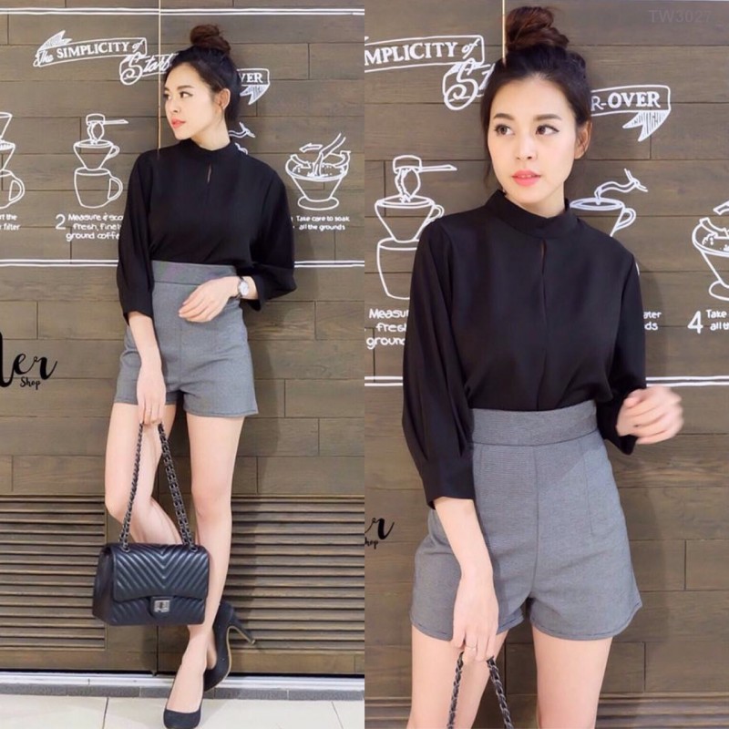 Set 2ชิ้น เสื้อคอปีนแขนยาว+กางเกงขาสั้นเอวเว้า TW3027