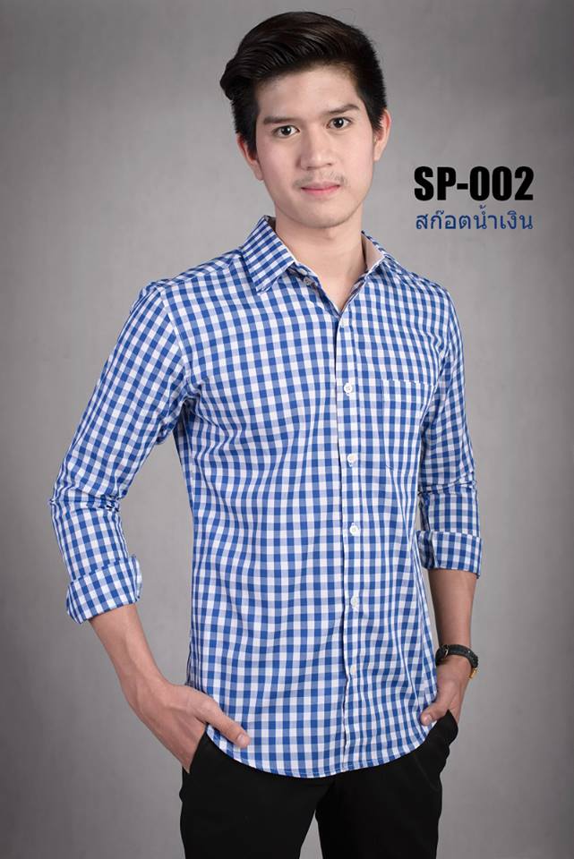 เสื้อเชิ้ตผู้ชายลายสก๊อตสีน้ำเงิน SP-002