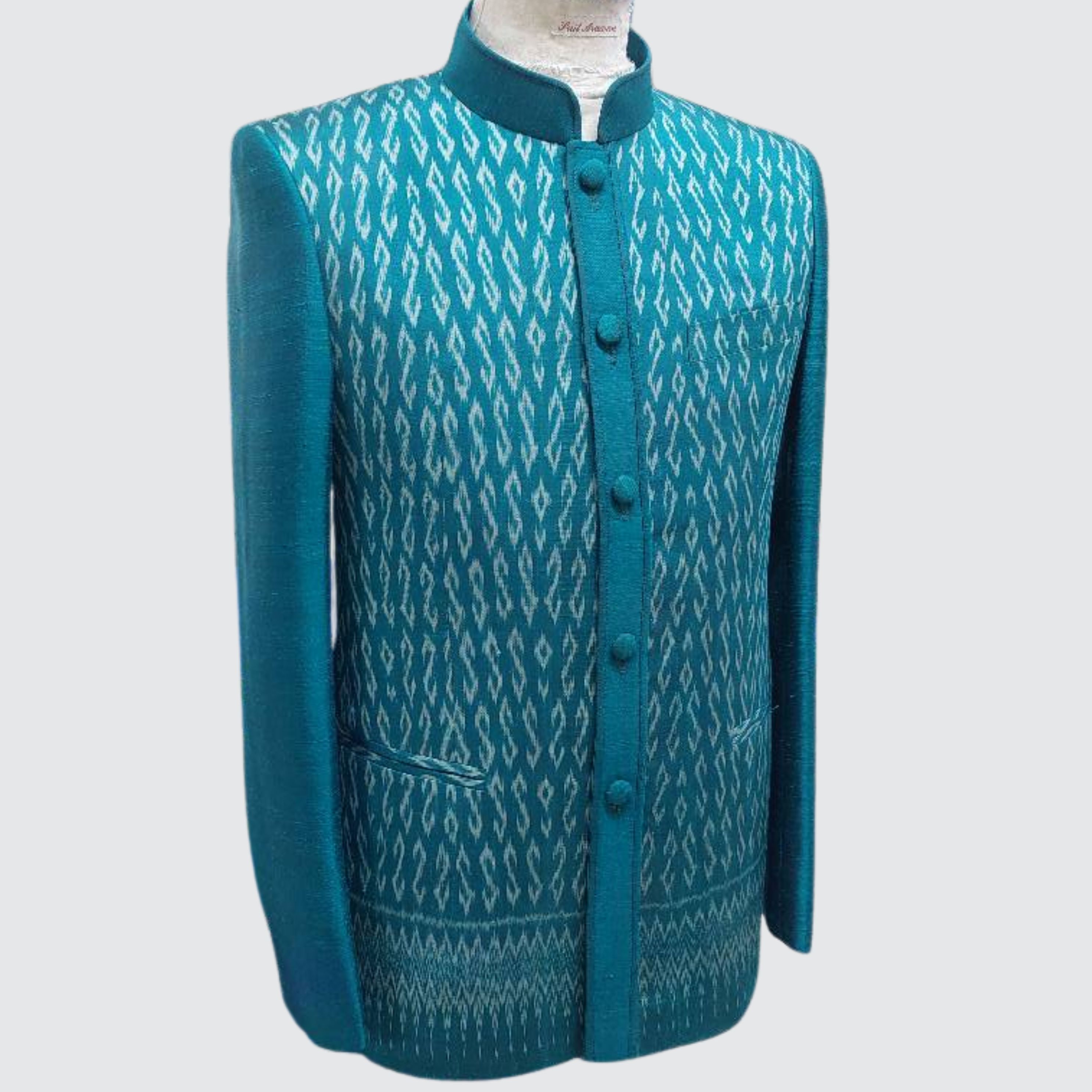 เสื้อสูทพระราชทาน แขนยาว ผ้าไหมมัดหมี่แต่งลายผ้าพื้น | ตัดเย็บตามรูปร่าง | เลือกสีผ้า ส่งไซส์ได้