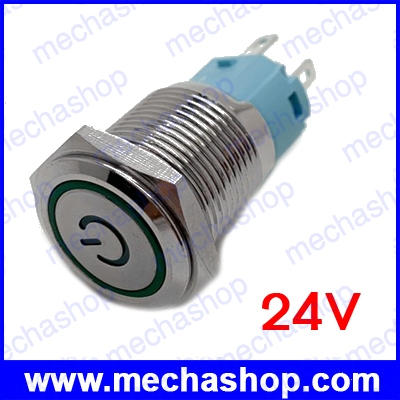 สวิทซ์กดติดปล่อยดับ มีไฟโลโก้สีเขียว 16mm 24V 3A red power/angel Circle LED Metal Push Button Switch Model 1667