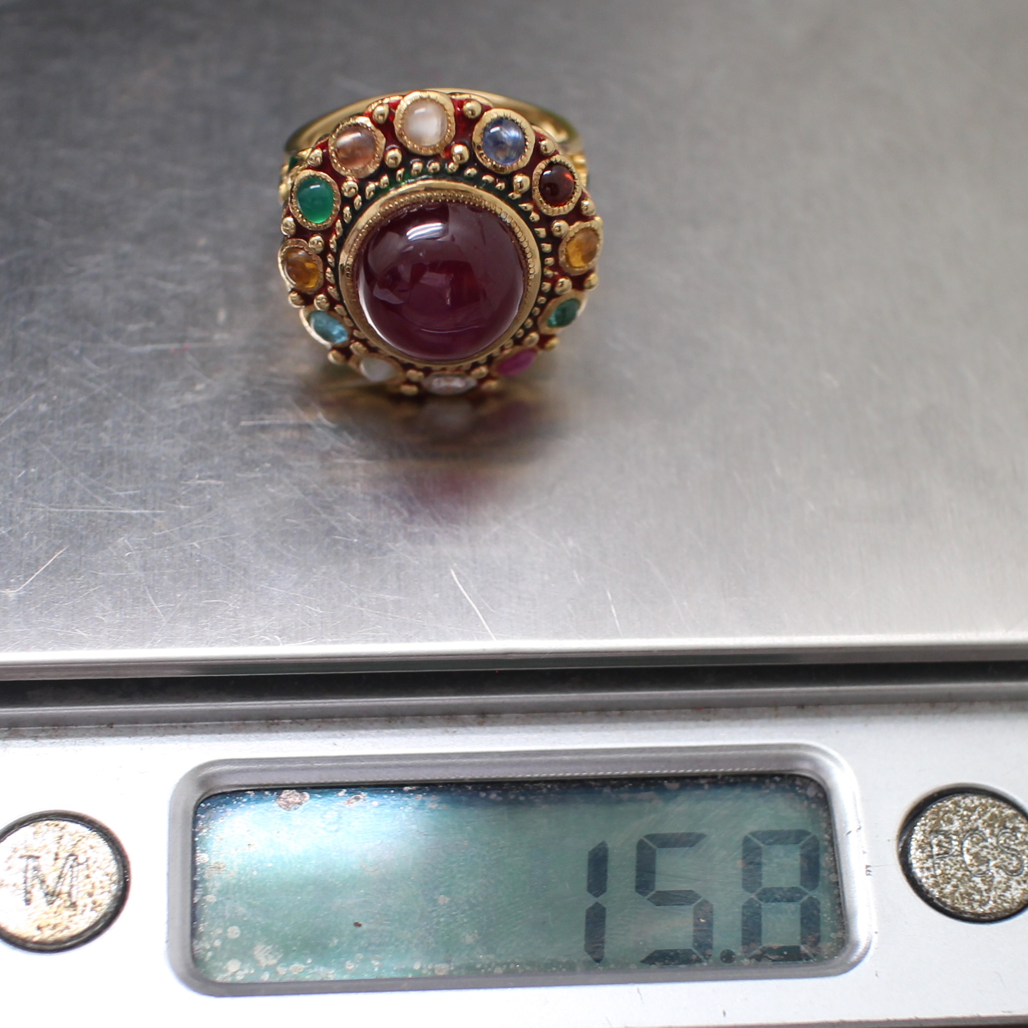 RG250157 แหวนนพเก้ายอดทับทิม ทองแท้ 90% นน. 15.8 กรัม ขนาดแหวน 55 งานเก่า สวย