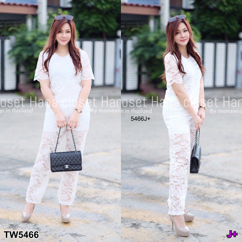 Set #สาวอวบ เสื้อลูกไม้แขนสั้น+กางเกงลูกไม้ขายาว TW5466