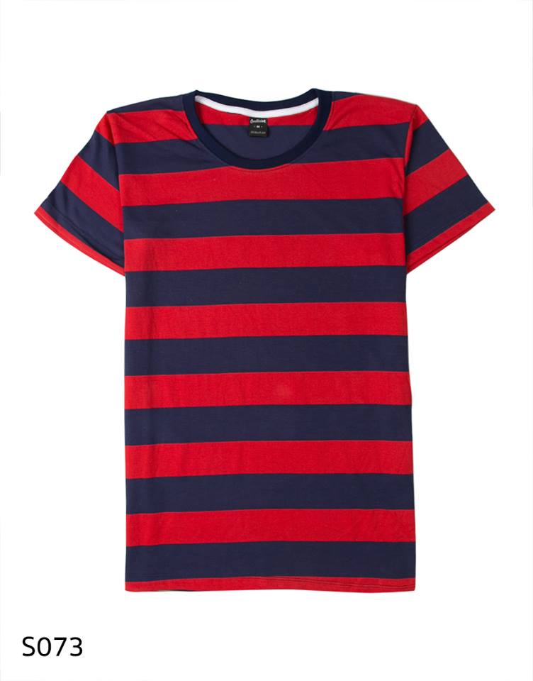 เสื้อยืดคอกลมลายทาง S073 (สีแดงใหญ่ ริ้วน้ำเงิน)