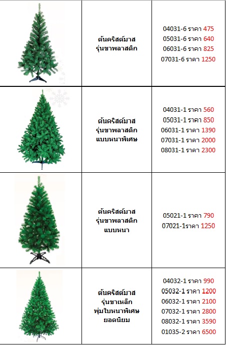 ตารางราคา รูปแบบต้นคริสต์มาสปลอมในรูปแบบต่างๆ