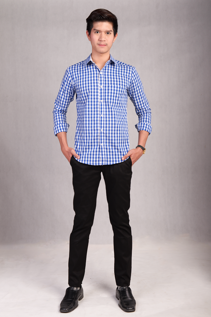 เสื้อเชิ้ตผู้ชายลายสก๊อตสีน้ำเงิน SP-002