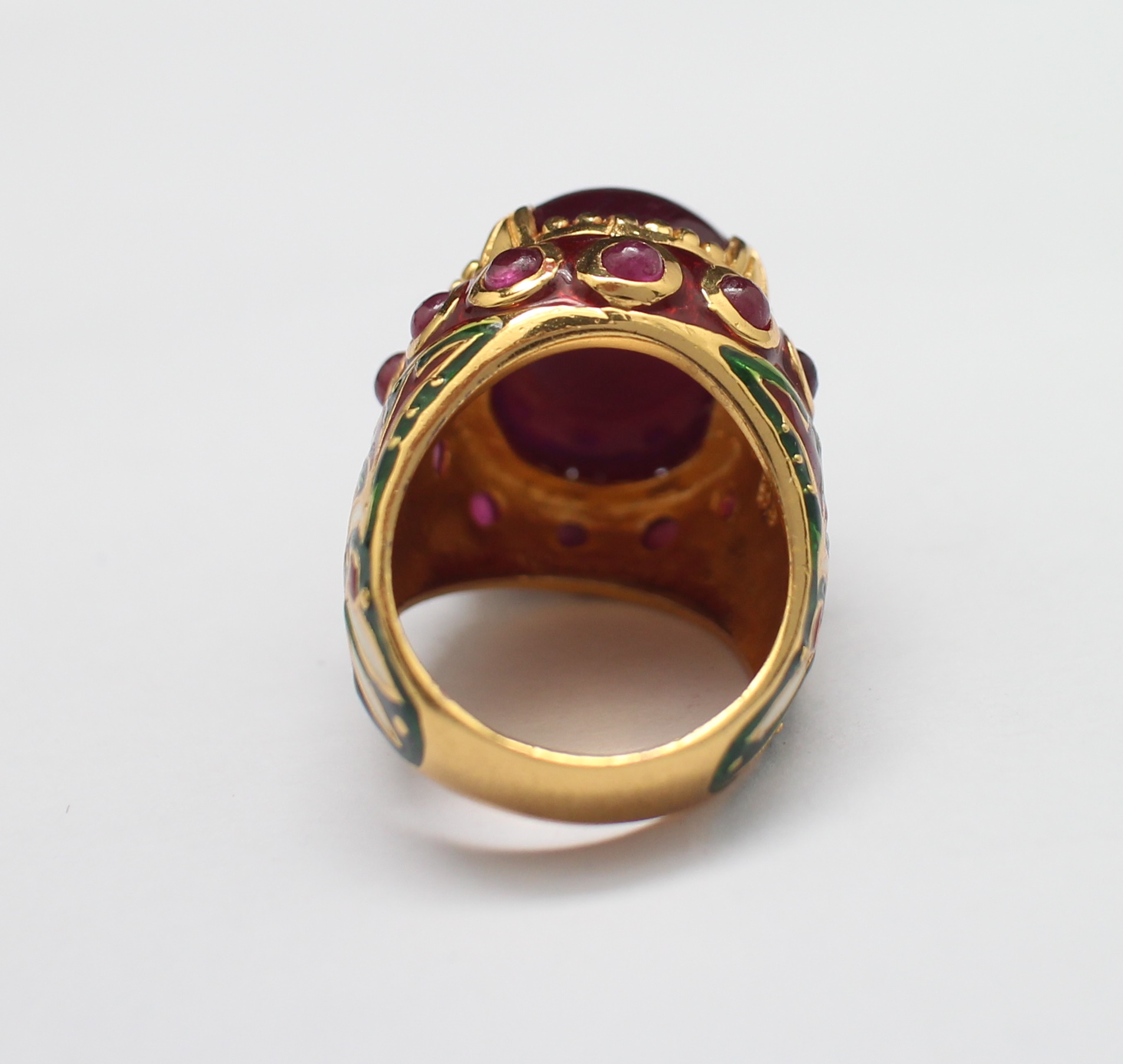 SI196 แหวนทับทิมล้อมทับทิมทรงมอญลงยาพื้นเขียว เงินแท้ 92.5% ชุบทอง นน. 17.5 กรัม Size 54