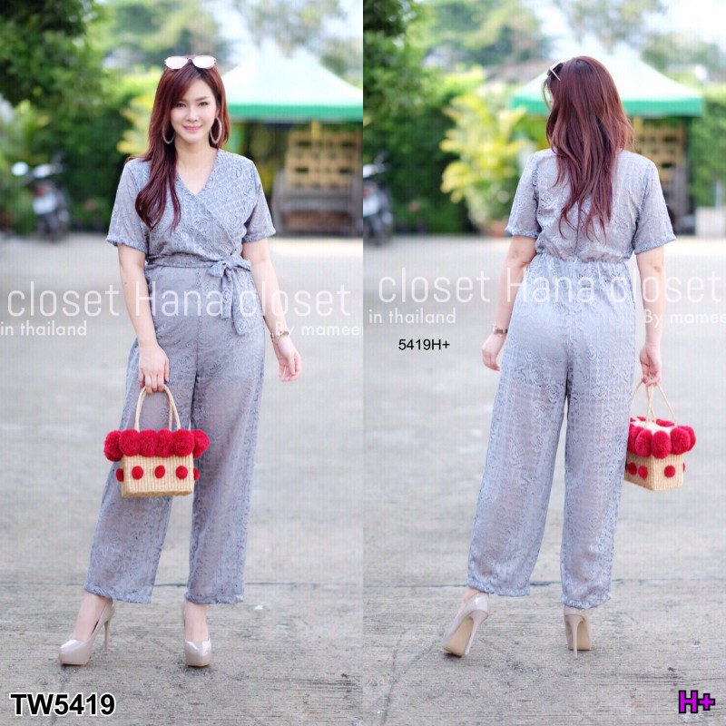 จั้มสูท #สาวอวบ ขายาว ลูกไม้คอวีไขว้อก+โบว์ผูกเอว TW5419