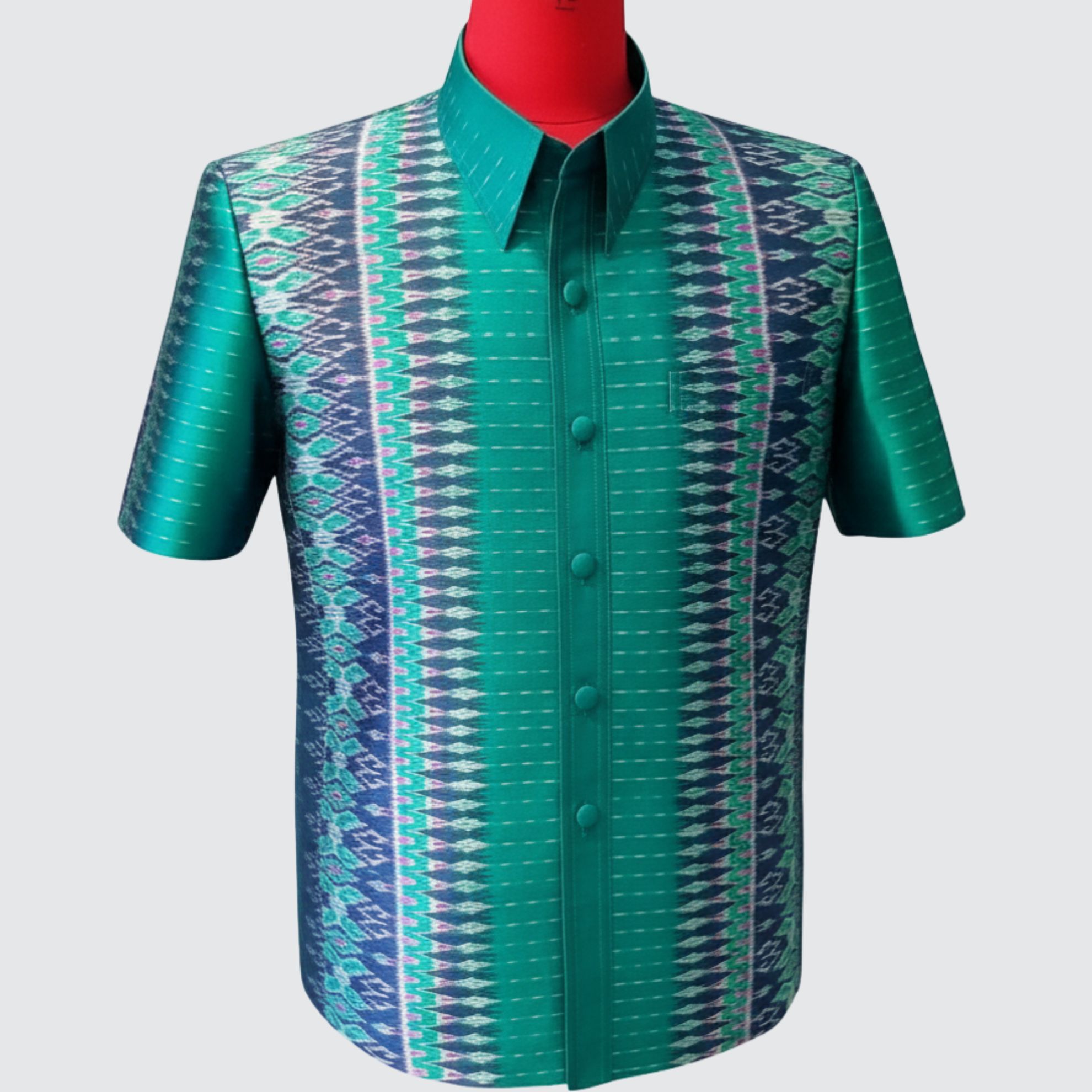 เสื้อสูทซาฟารี แขนสั้น ไหมมัดหมี่ลายเชิงล่าง| ตัดเย็บตามรูปร่าง | เลือกสีผ้า ส่งไซส์ได้