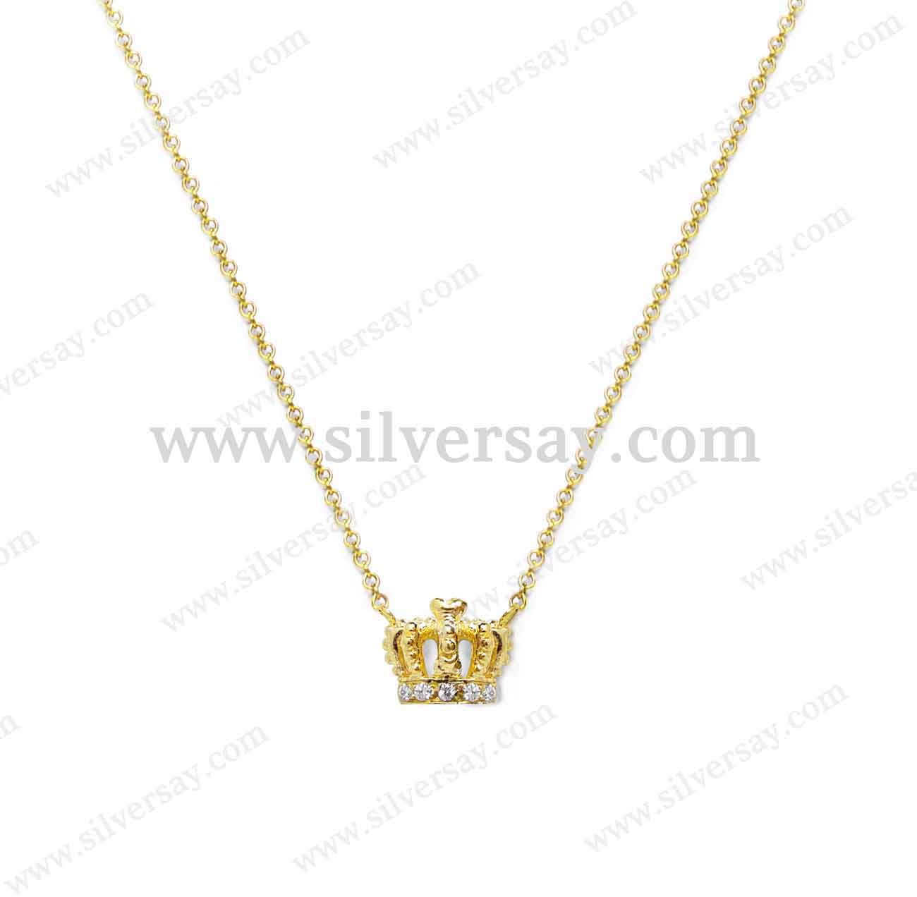 สร้อยคอพร้อมจี้มงกุฎฝังเพชรสวิสแถวครึ่งวง/สีทองคำ22k