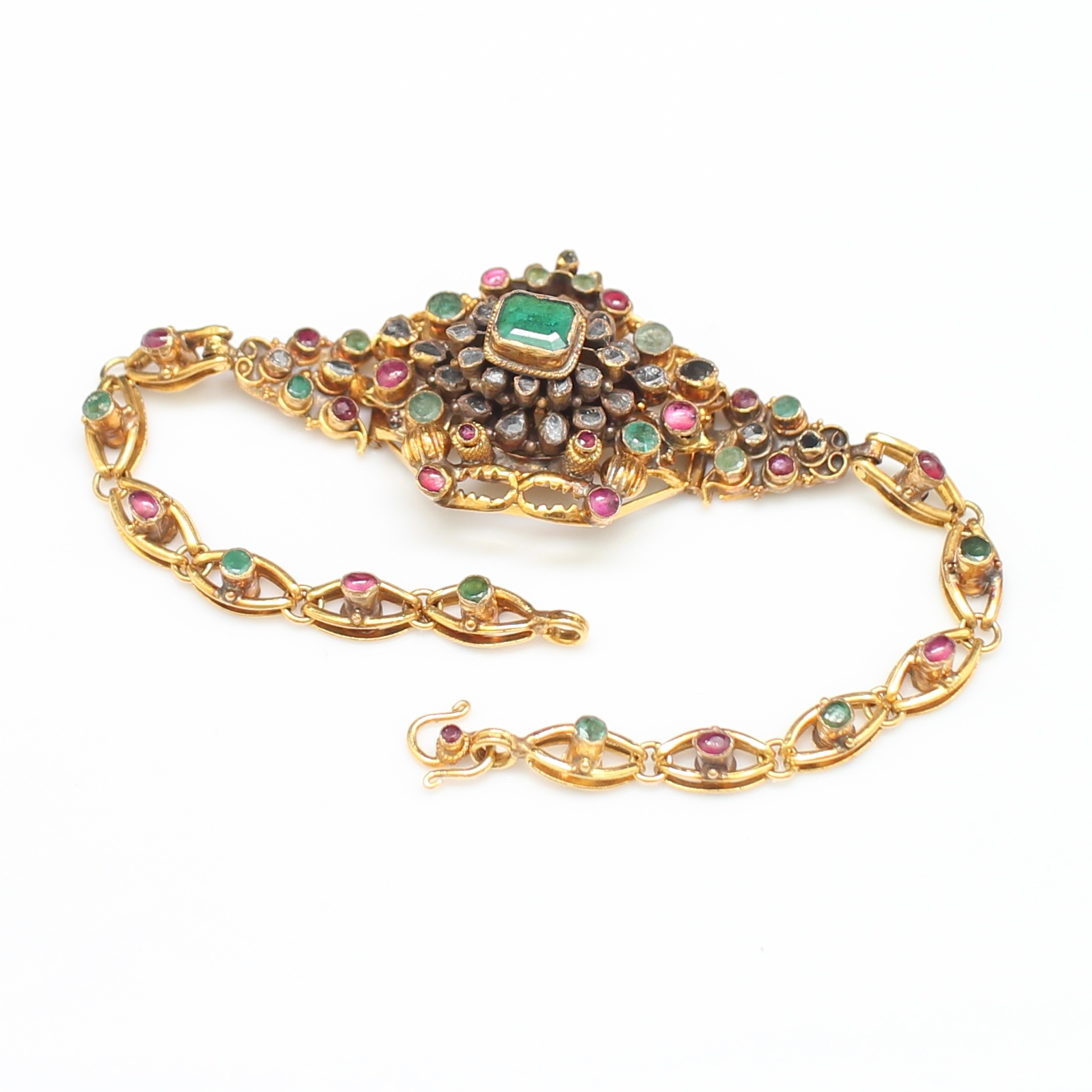 BL25273 สร้อยข้อมือปูสามสียอดมรกต ทองแท้ 90% ทับทิม มรกต เพชรซีก นน.รวม 25.5 กรัม ยาว 19 ซม.